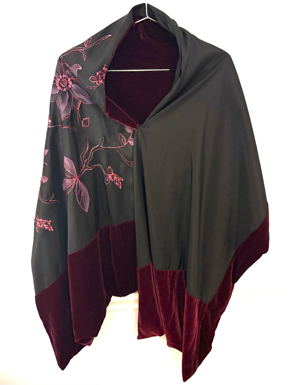 HANDMADE Double Sided Wrap Burgandy Velvet/Hand Embroidered Flowers on Taffeta
